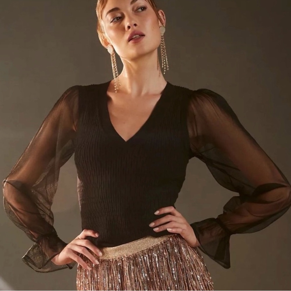 Maeve by Anthropologie Black V-Neck Sheer Sleeve Sweater